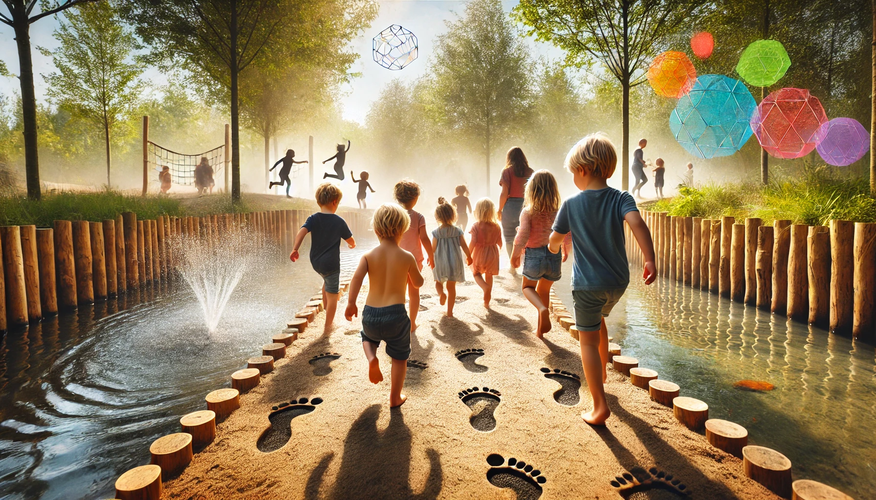 DALL·E 2024 07 29 20.27.26 A group of children with bare feet walking on a barefoot path outdoors in nature. The path should include elements like sand water and trees creati